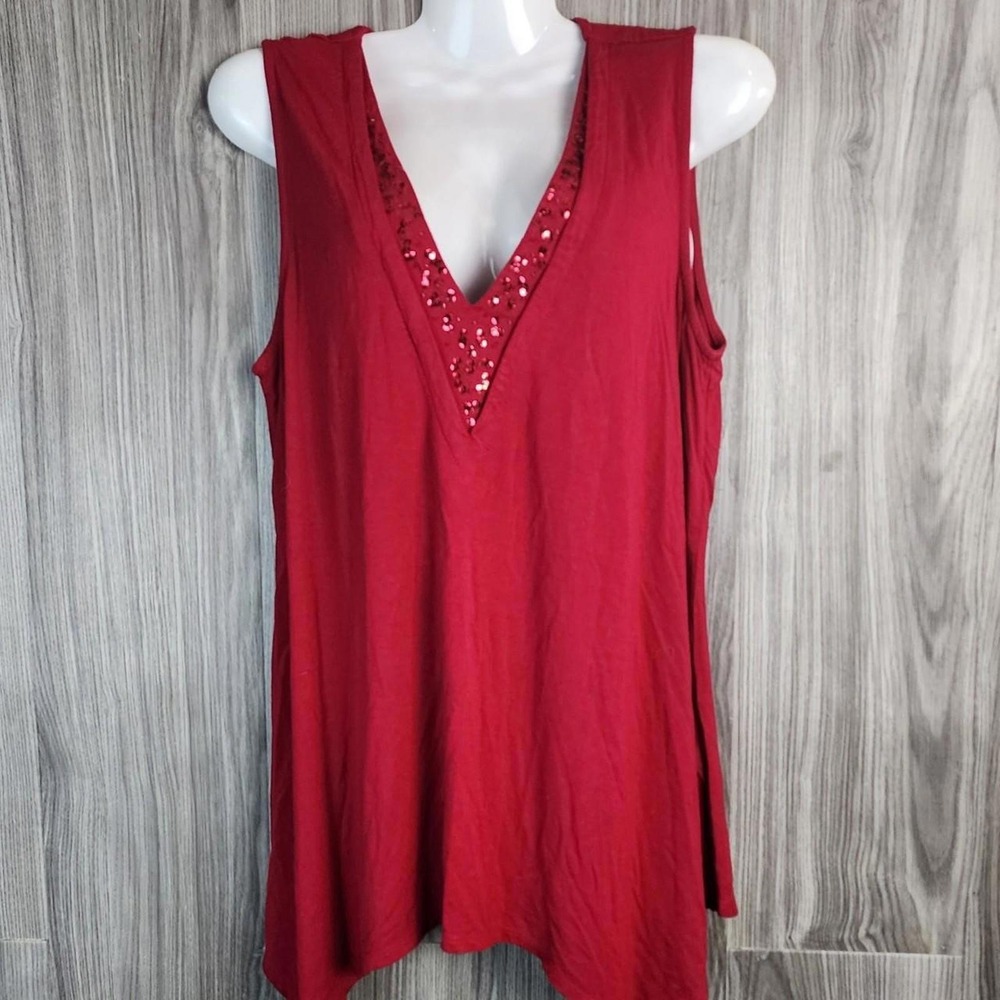 Adrianna Papell Womens Red Sequin V-Neck Handkerchief Hem Tank‎ Top Size M